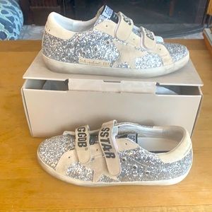 Golden Goose “Old School” glitter Velcro silver/pearl. New. Only worn inside.